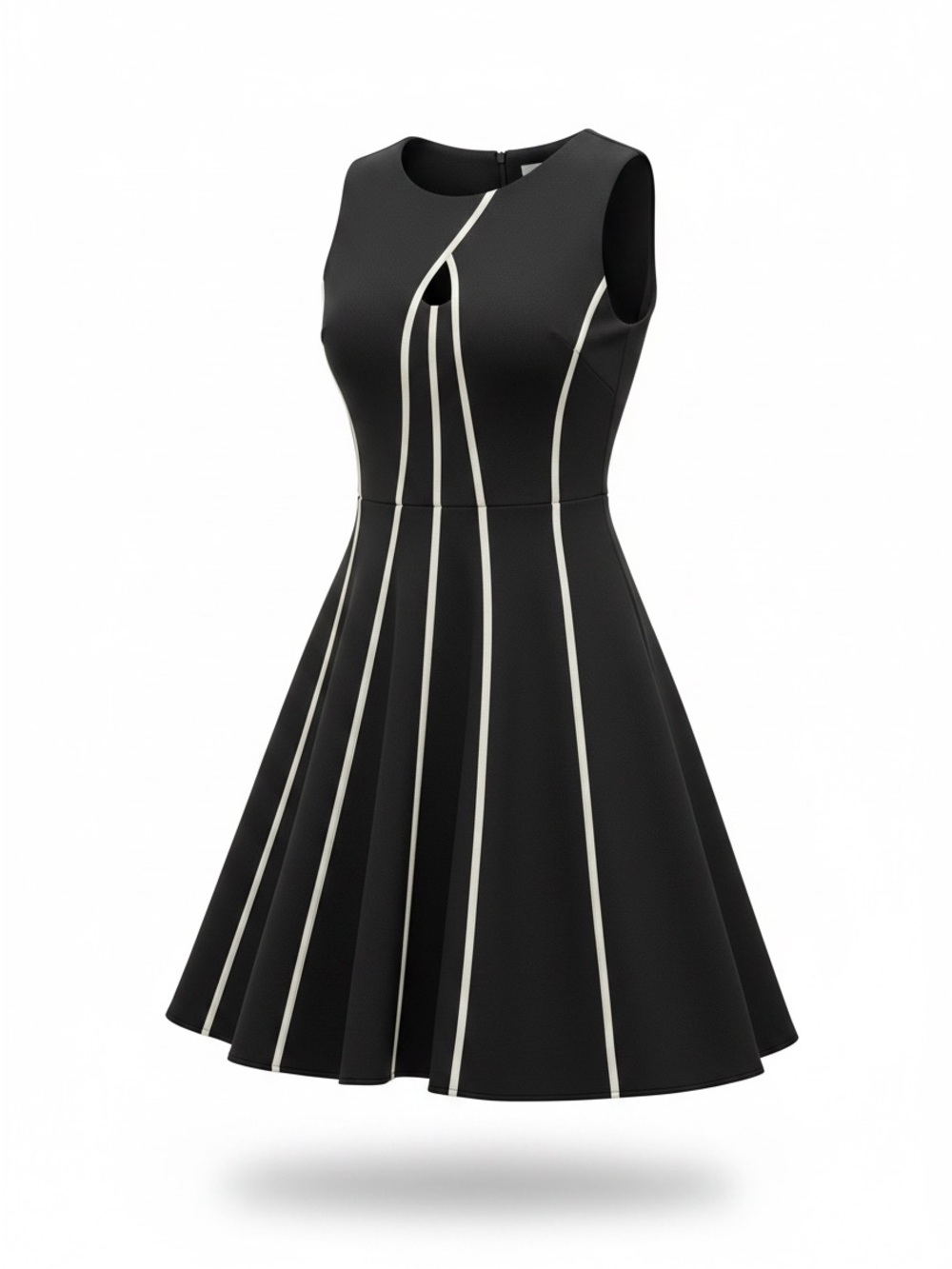 Julian Taylor Black Sleeveless Fit-and-Flare Dress with Cream Vertical Stripes